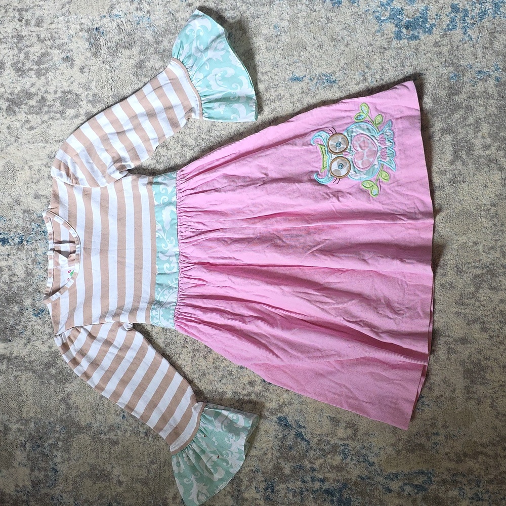 Shrimp & Grits Kids Size 8 Long Sleeve Striped Cordoruy Owl Embroidered Dress
